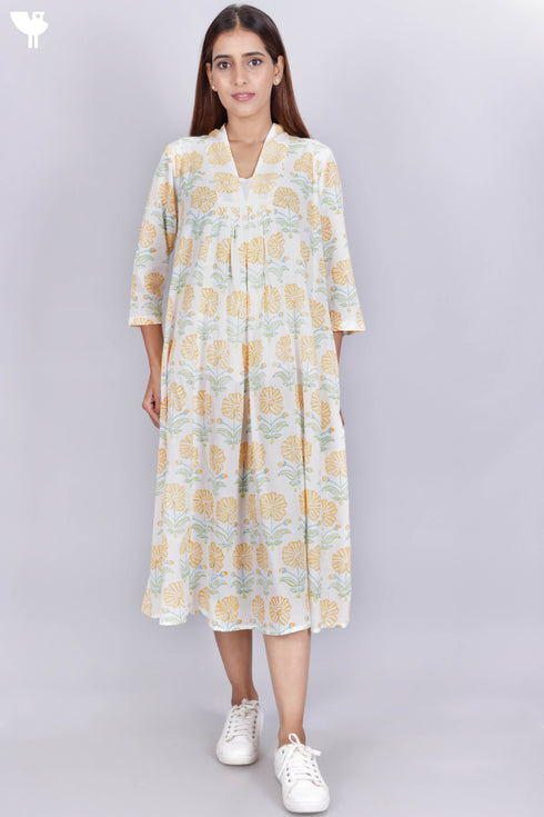 Mulmul Cotton Dress In Floral Block Print